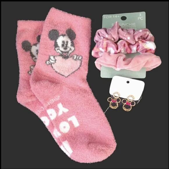Disney Pink Mickey Socks Minnie Earrings And Hair Scrunchies Bundle NWT - Picture 1 of 13